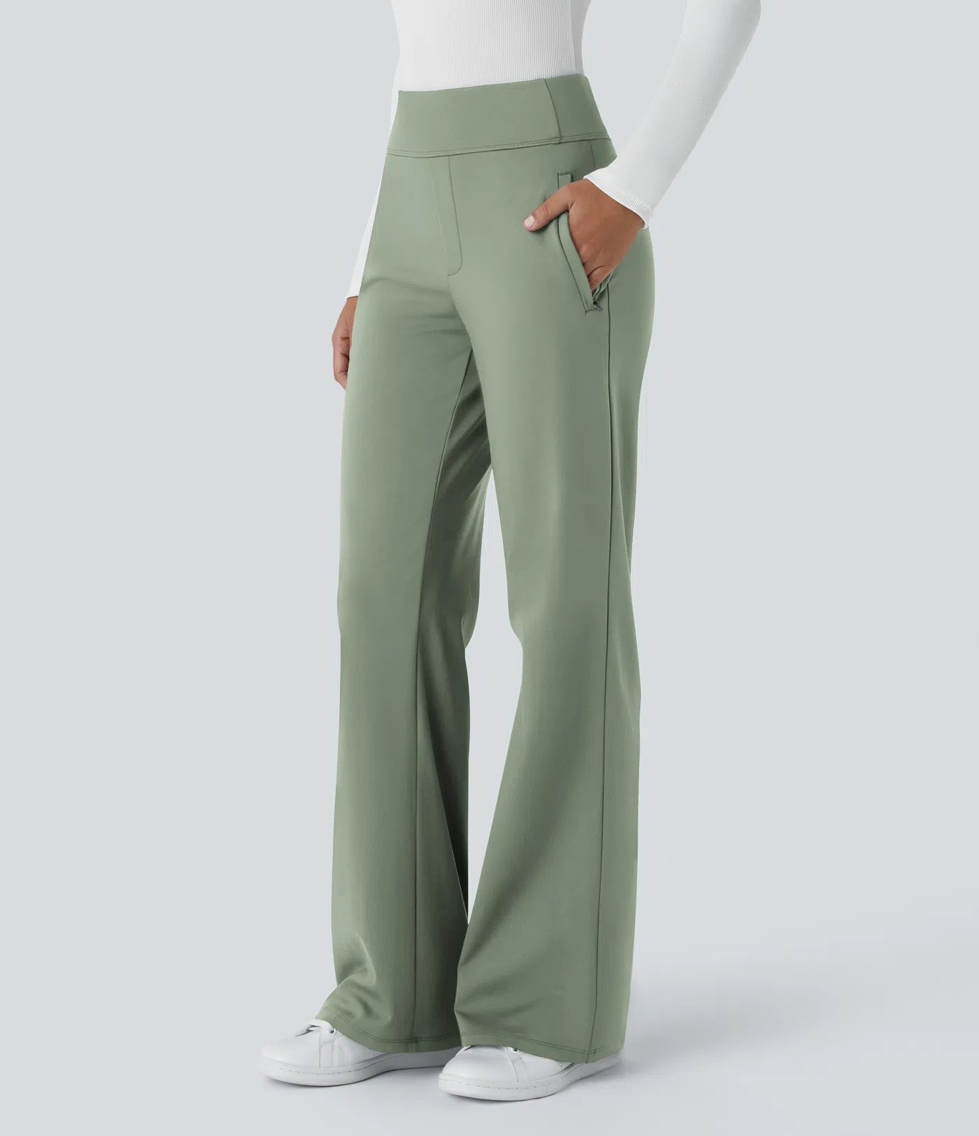 Pantalon de travail évasé pour femme, taille mi-haute, avec poche latérale à fermeture éclair