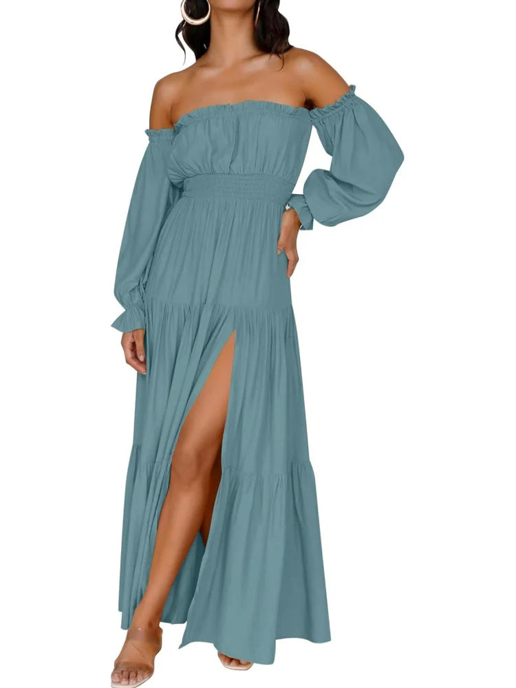 Robe longue à volants et épaules dénudées, style bohème sexy, pour femme