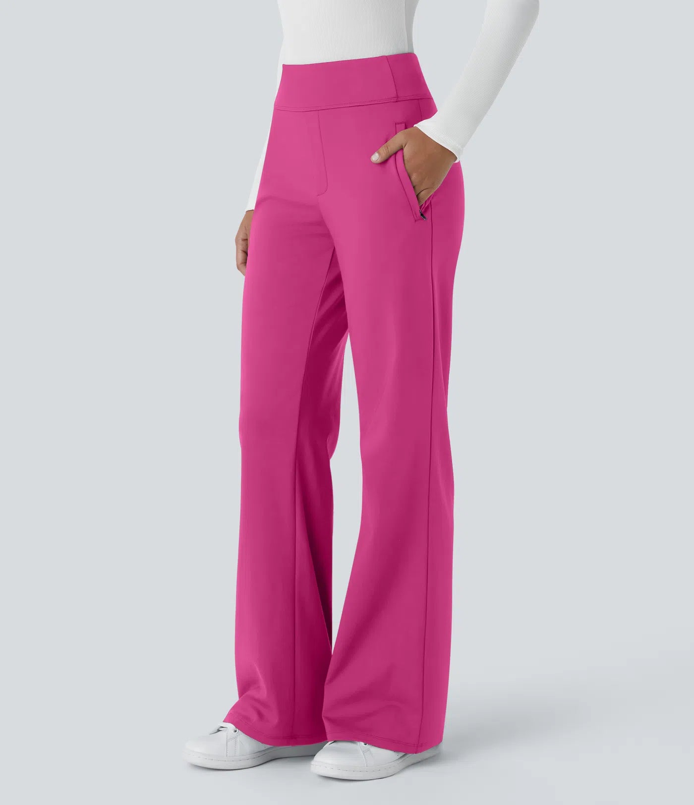 Pantalon de travail évasé pour femme, taille mi-haute, avec poche latérale à fermeture éclair