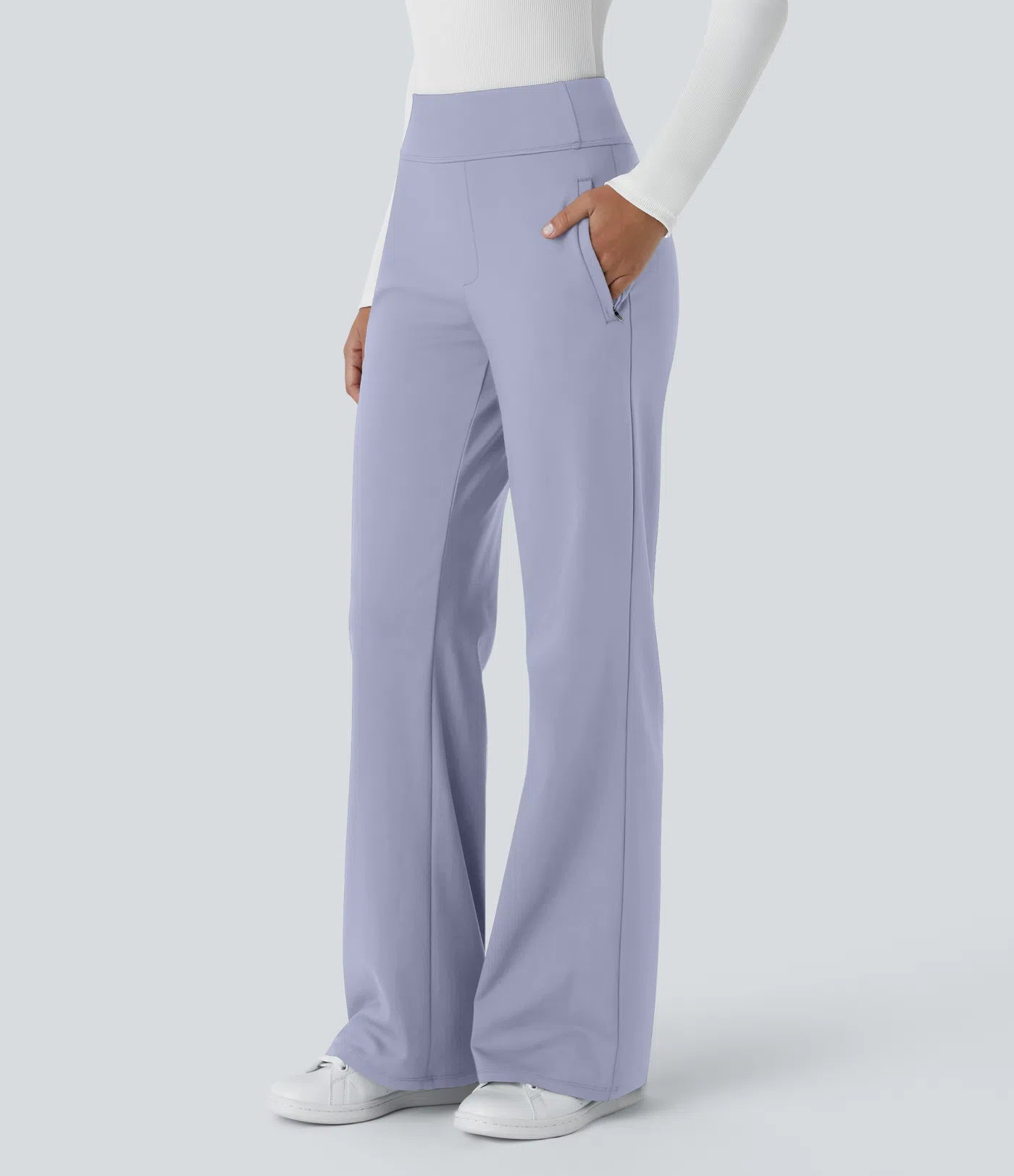 Pantalon de travail évasé pour femme, taille mi-haute, avec poche latérale à fermeture éclair
