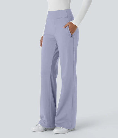 Pantalon de travail évasé pour femme, taille mi-haute, avec poche latérale à fermeture éclair