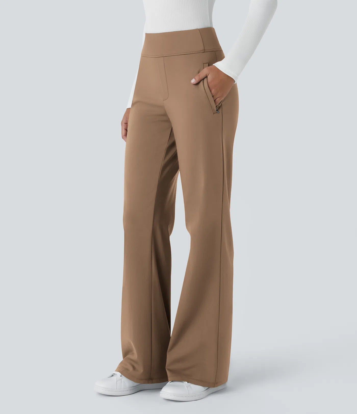 Pantalon de travail évasé pour femme, taille mi-haute, avec poche latérale à fermeture éclair