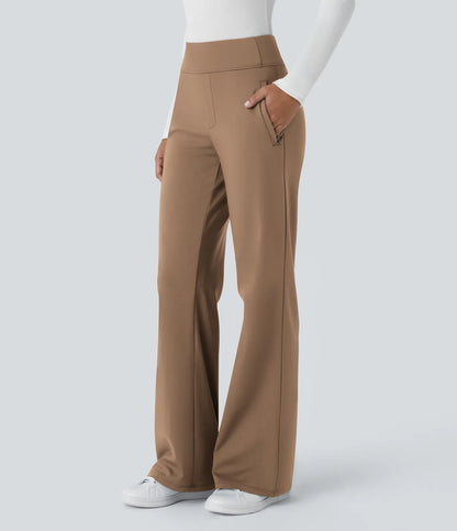Pantalon de travail évasé pour femme, taille mi-haute, avec poche latérale à fermeture éclair