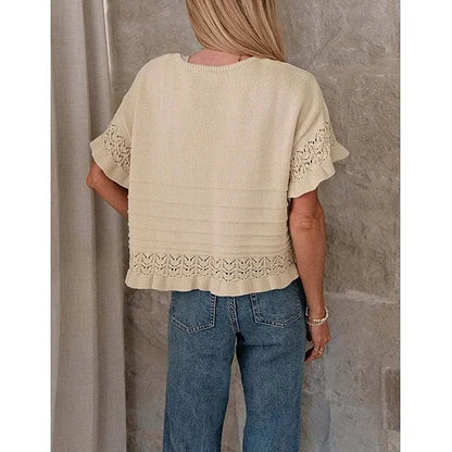 Pull d'été à manches courtes et volants pour femme, en tricot ou crochet, coupe courte