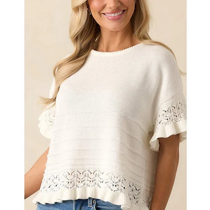 Pull d'été à manches courtes et volants pour femme, en tricot ou crochet, coupe courte