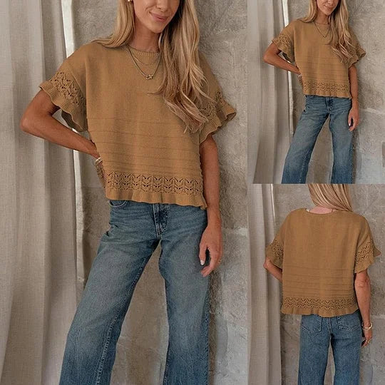 Pull d'été à manches courtes et volants pour femme, en tricot ou crochet, coupe courte