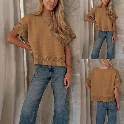 Pull d'été à manches courtes et volants pour femme, en tricot ou crochet, coupe courte