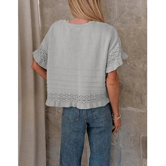 Pull d'été à manches courtes et volants pour femme, en tricot ou crochet, coupe courte