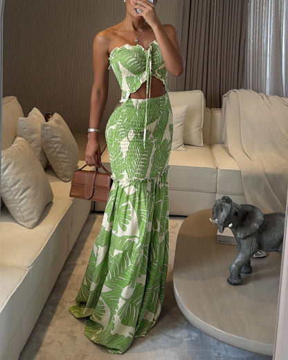 Tropisches Neckholder-Kleid im Meerjungfrauen-Stil mit Rüschen für den Urlaub