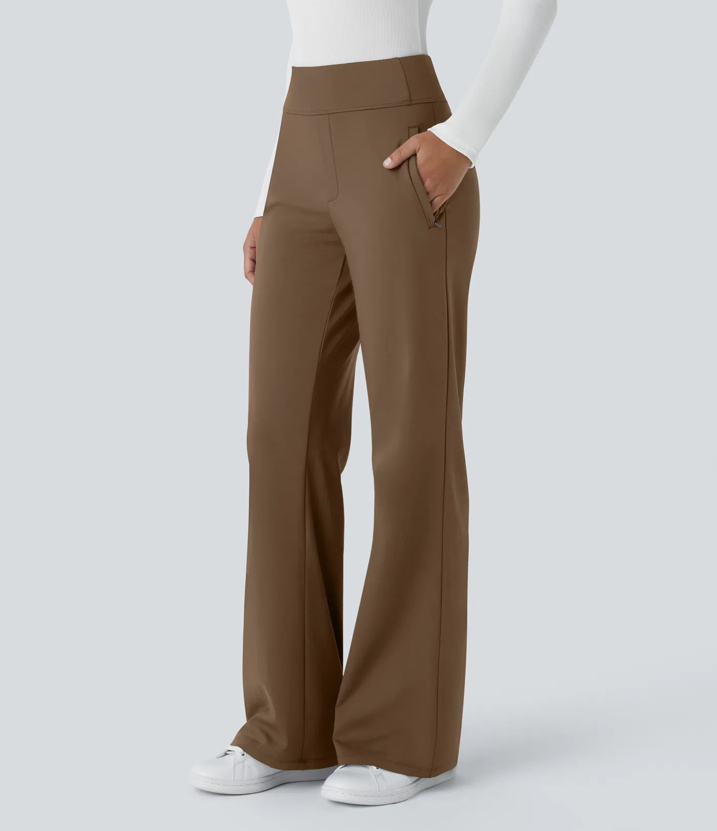 Pantalon de travail évasé pour femme, taille mi-haute, avec poche latérale à fermeture éclair