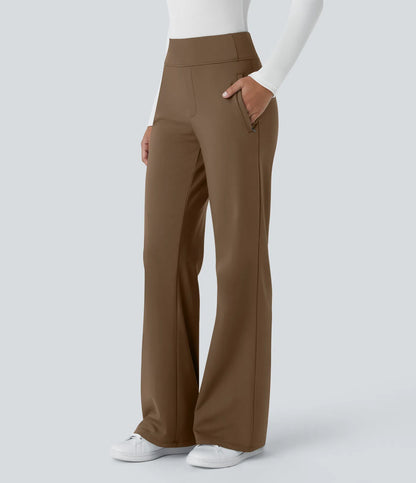 Pantalon de travail évasé pour femme, taille mi-haute, avec poche latérale à fermeture éclair