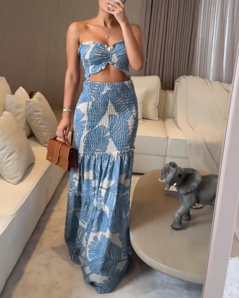 Tropisches Neckholder-Kleid im Meerjungfrauen-Stil mit Rüschen für den Urlaub