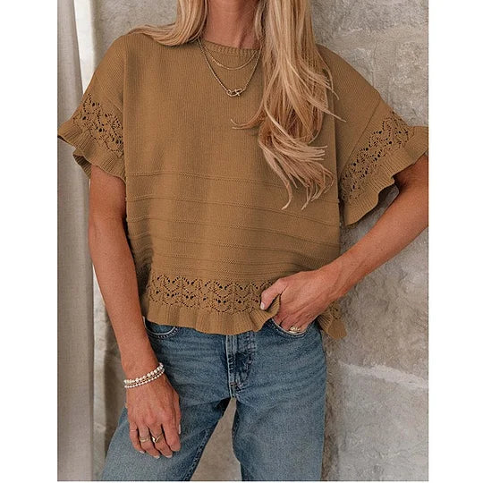 Pull d'été à manches courtes et volants pour femme, en tricot ou crochet, coupe courte