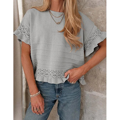 Pull d'été à manches courtes et volants pour femme, en tricot ou crochet, coupe courte