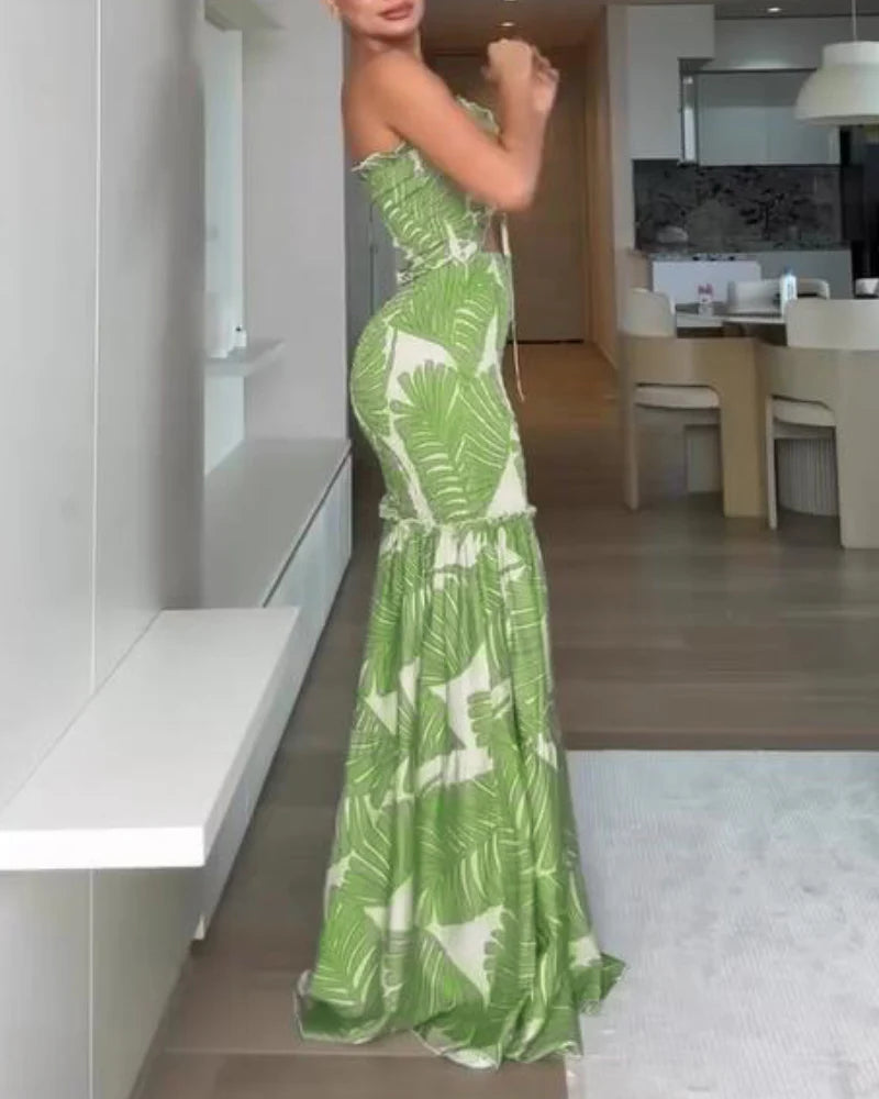 Tropisches Neckholder-Kleid im Meerjungfrauen-Stil mit Rüschen für den Urlaub