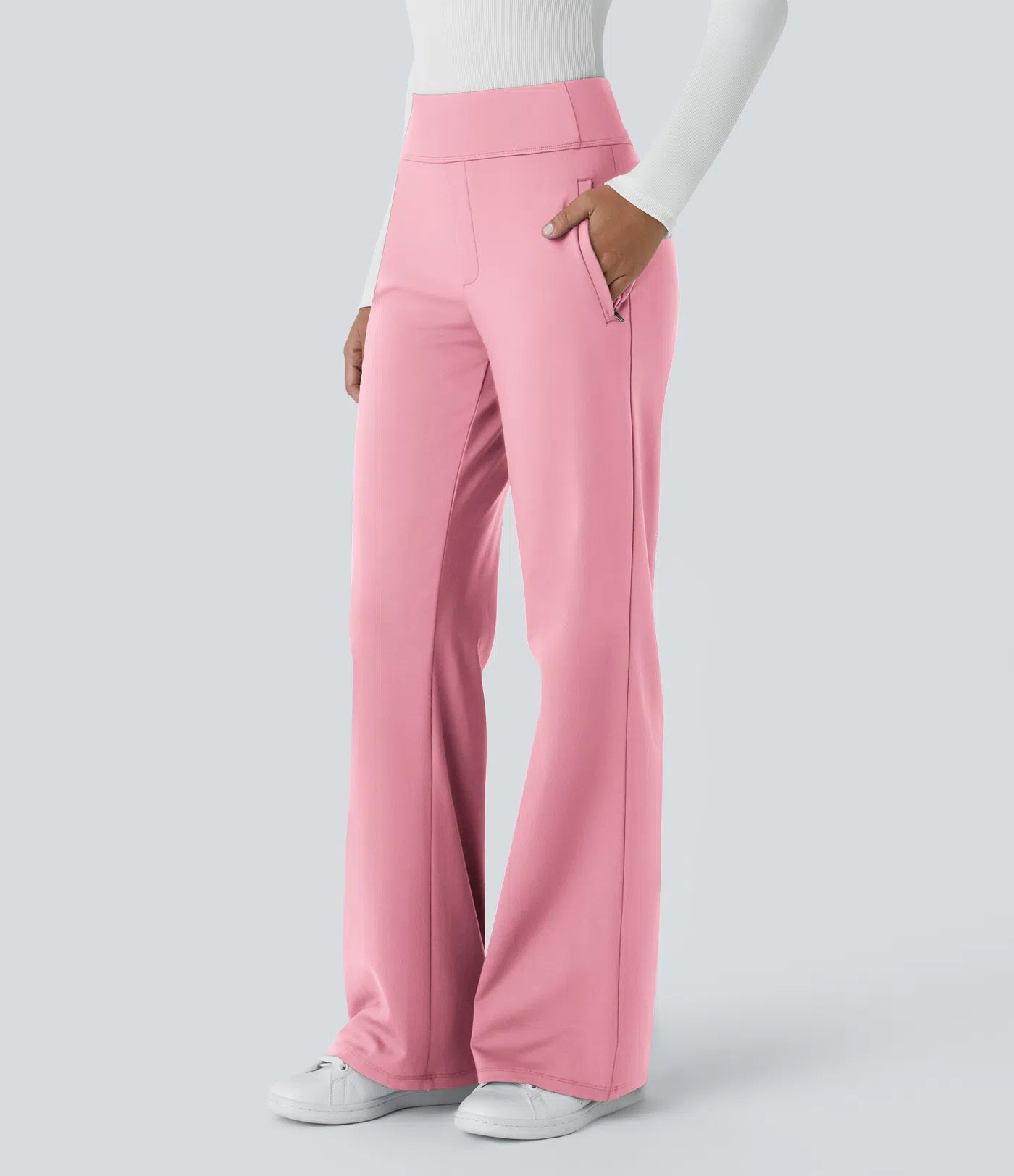 Pantalon de travail évasé pour femme, taille mi-haute, avec poche latérale à fermeture éclair