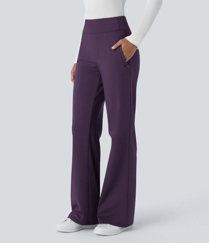 Pantalon de travail évasé pour femme, taille mi-haute, avec poche latérale à fermeture éclair