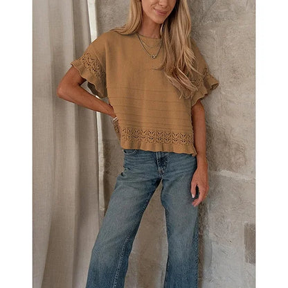 Pull d'été à manches courtes et volants pour femme, en tricot ou crochet, coupe courte