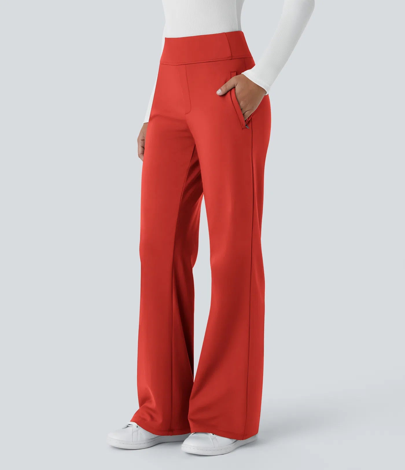 Pantalon de travail évasé pour femme, taille mi-haute, avec poche latérale à fermeture éclair