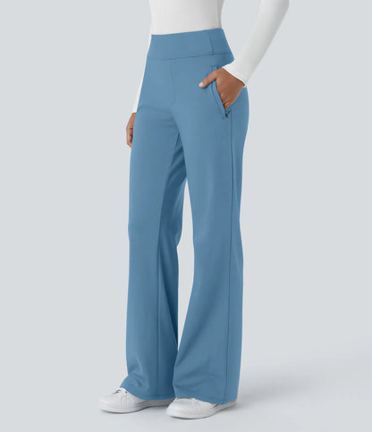Pantalon de travail évasé pour femme, taille mi-haute, avec poche latérale à fermeture éclair