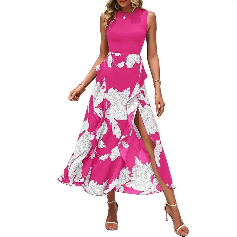 Midi-cocktailklänning i boho-stil med blommönster och volanger