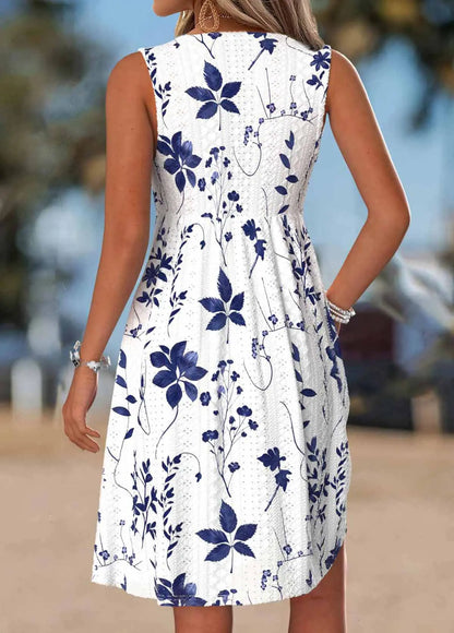 Robe sans manches à col en V et imprimé feuilles