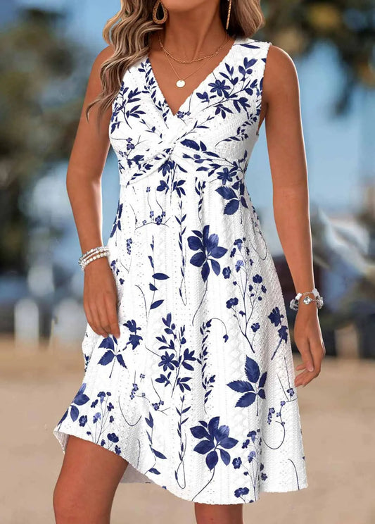 Robe sans manches à col en V et imprimé feuilles