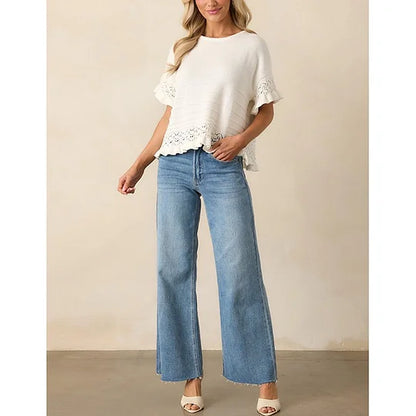 Pull d'été à manches courtes et volants pour femme, en tricot ou crochet, coupe courte