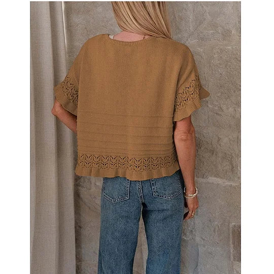 Pull d'été à manches courtes et volants pour femme, en tricot ou crochet, coupe courte