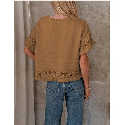 Pull d'été à manches courtes et volants pour femme, en tricot ou crochet, coupe courte