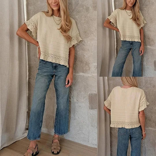 Pull d'été à manches courtes et volants pour femme, en tricot ou crochet, coupe courte