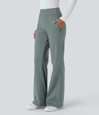 Pantalon de travail évasé pour femme, taille mi-haute, avec poche latérale à fermeture éclair