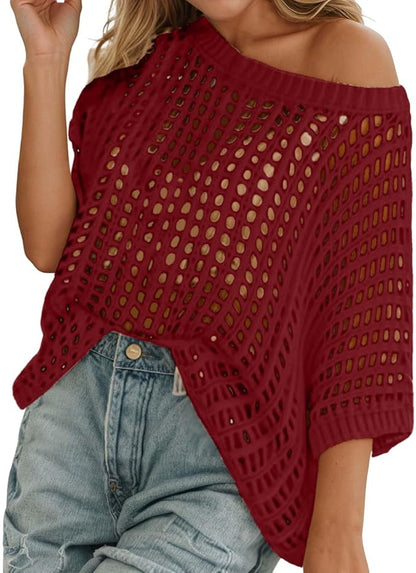 Haut d'été en maille ajourée au crochet pour femme