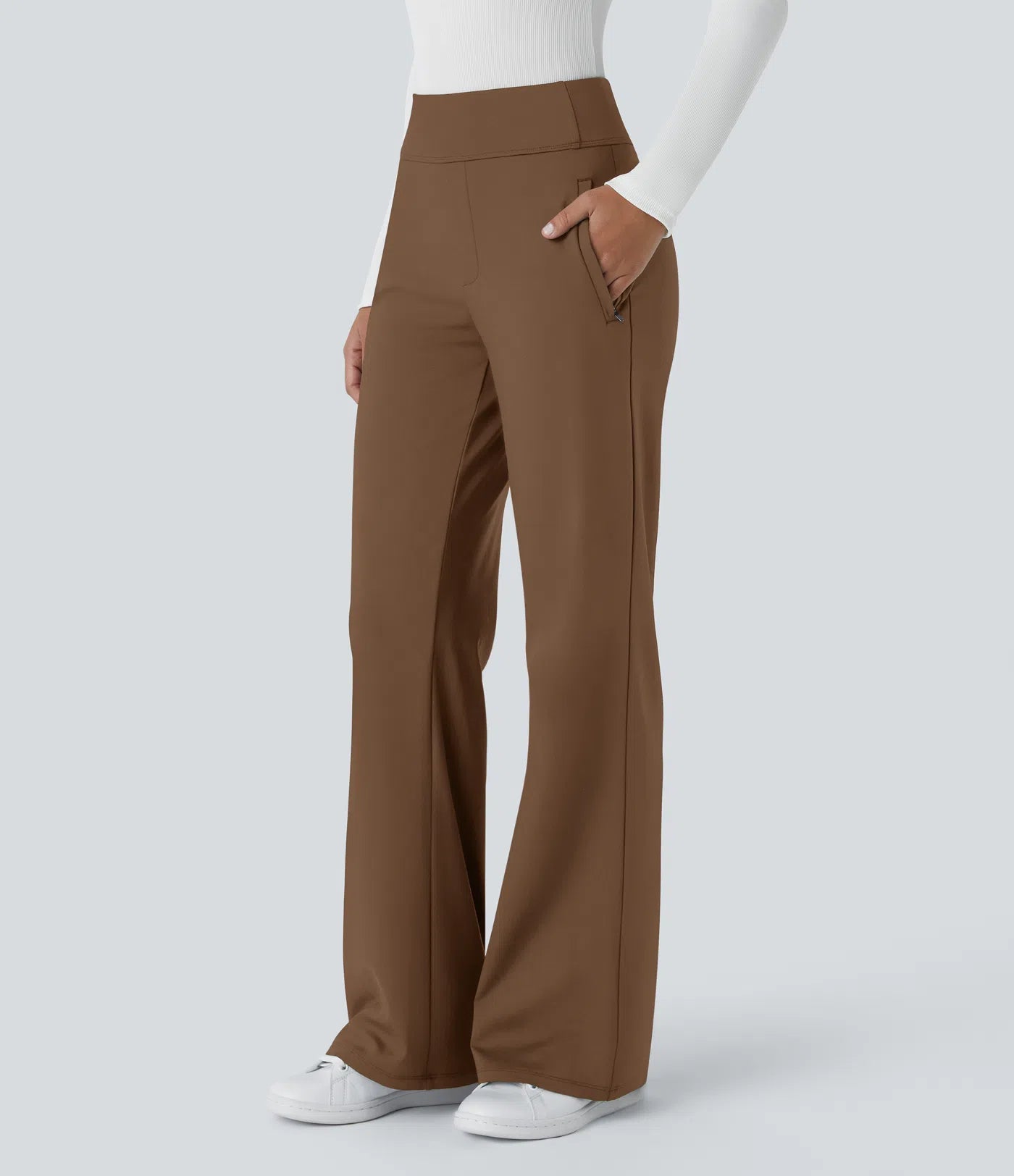 Pantalon de travail évasé pour femme, taille mi-haute, avec poche latérale à fermeture éclair