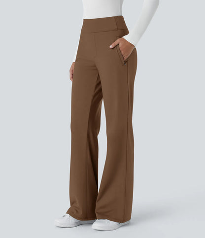 Pantalon de travail évasé pour femme, taille mi-haute, avec poche latérale à fermeture éclair