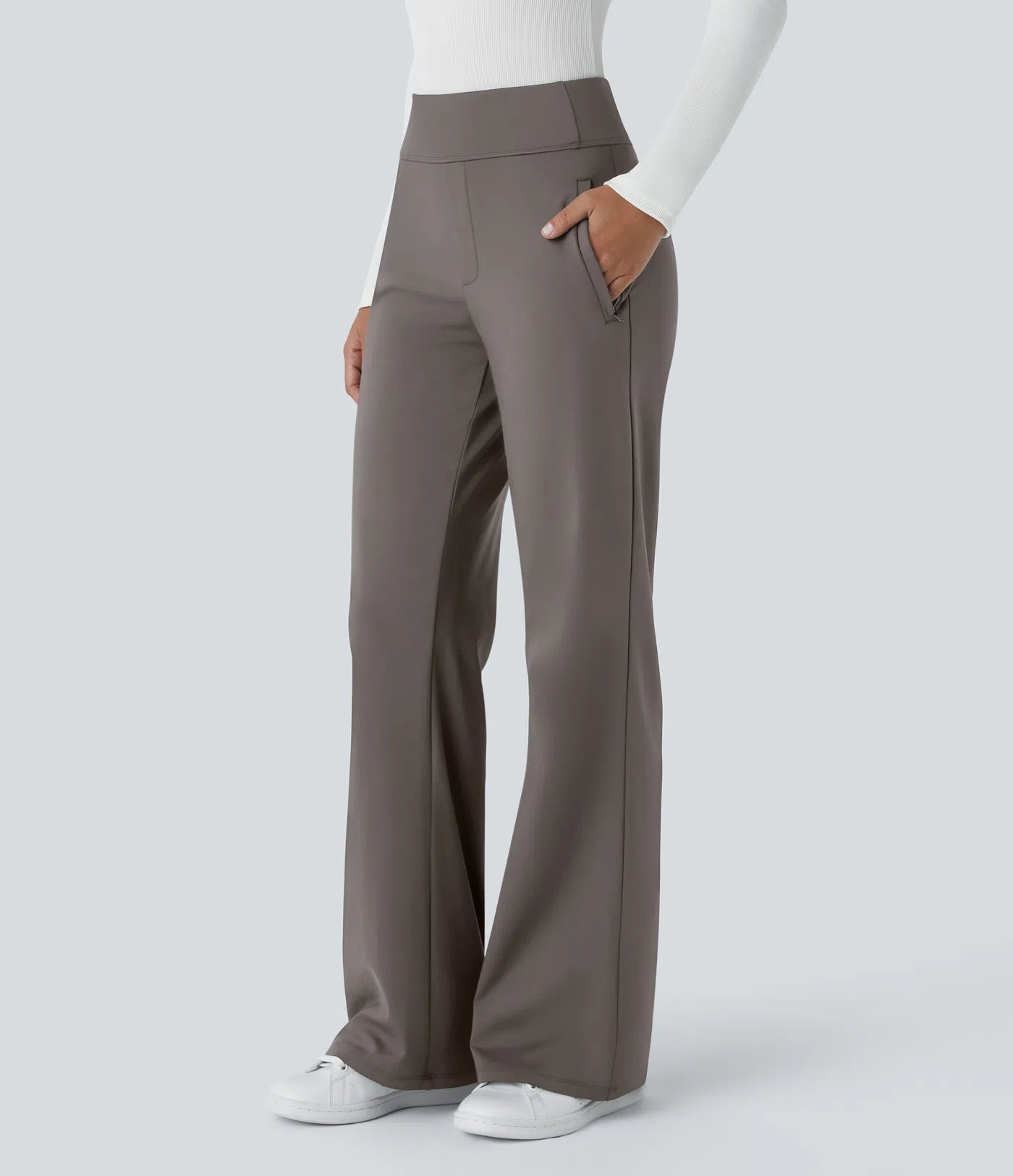 Pantalon de travail évasé pour femme, taille mi-haute, avec poche latérale à fermeture éclair
