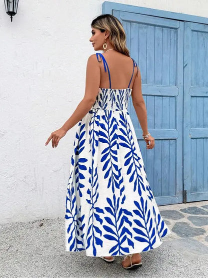 Robe longue à bretelles imprimée feuilles