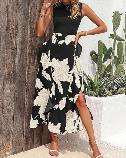 Midi-cocktailklänning i boho-stil med blommönster och volanger