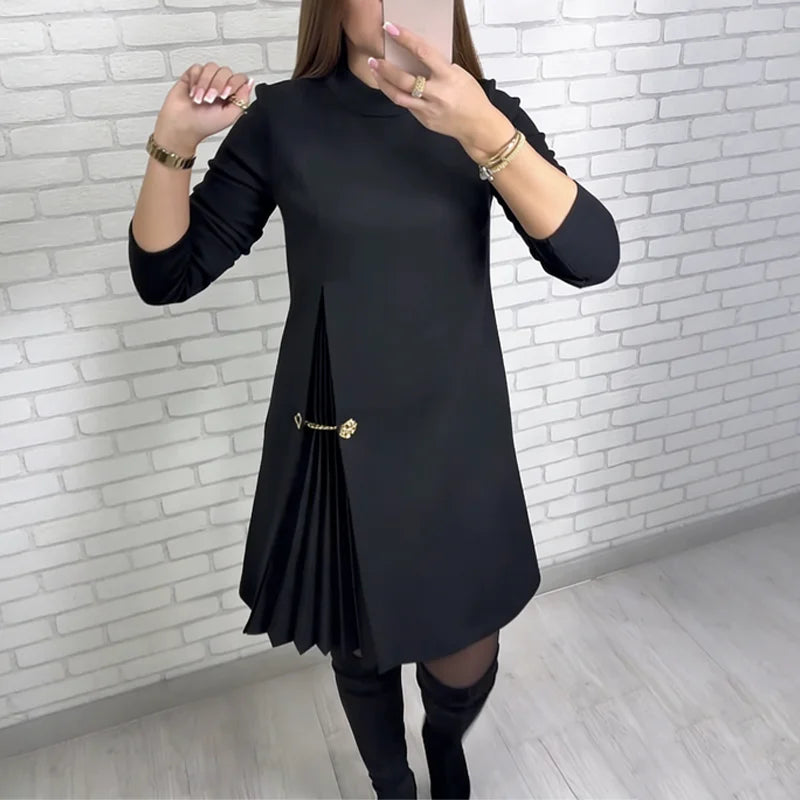 Elegant Long-Sleeved Dress with Pleated Panels