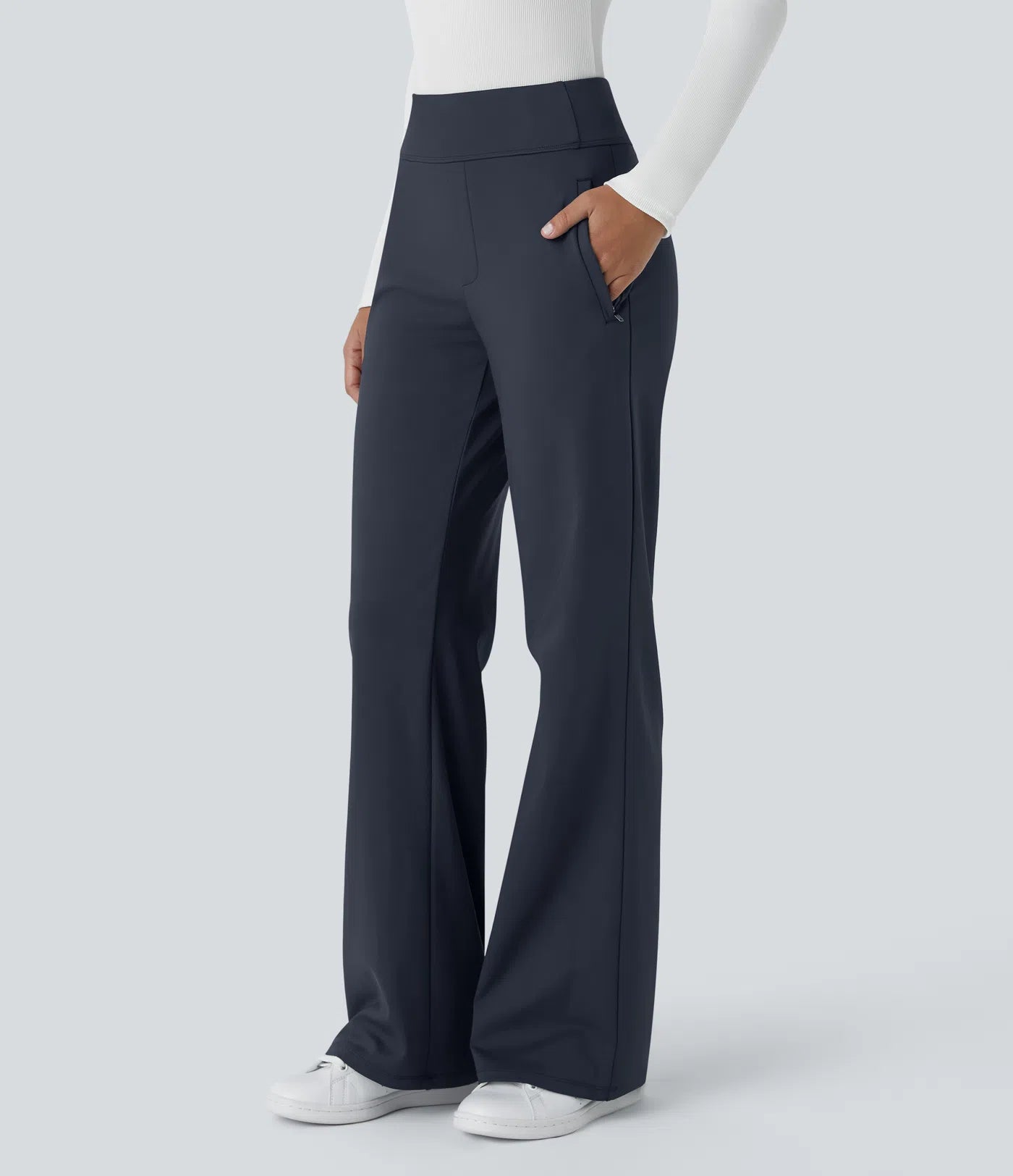 Pantalon de travail évasé pour femme, taille mi-haute, avec poche latérale à fermeture éclair