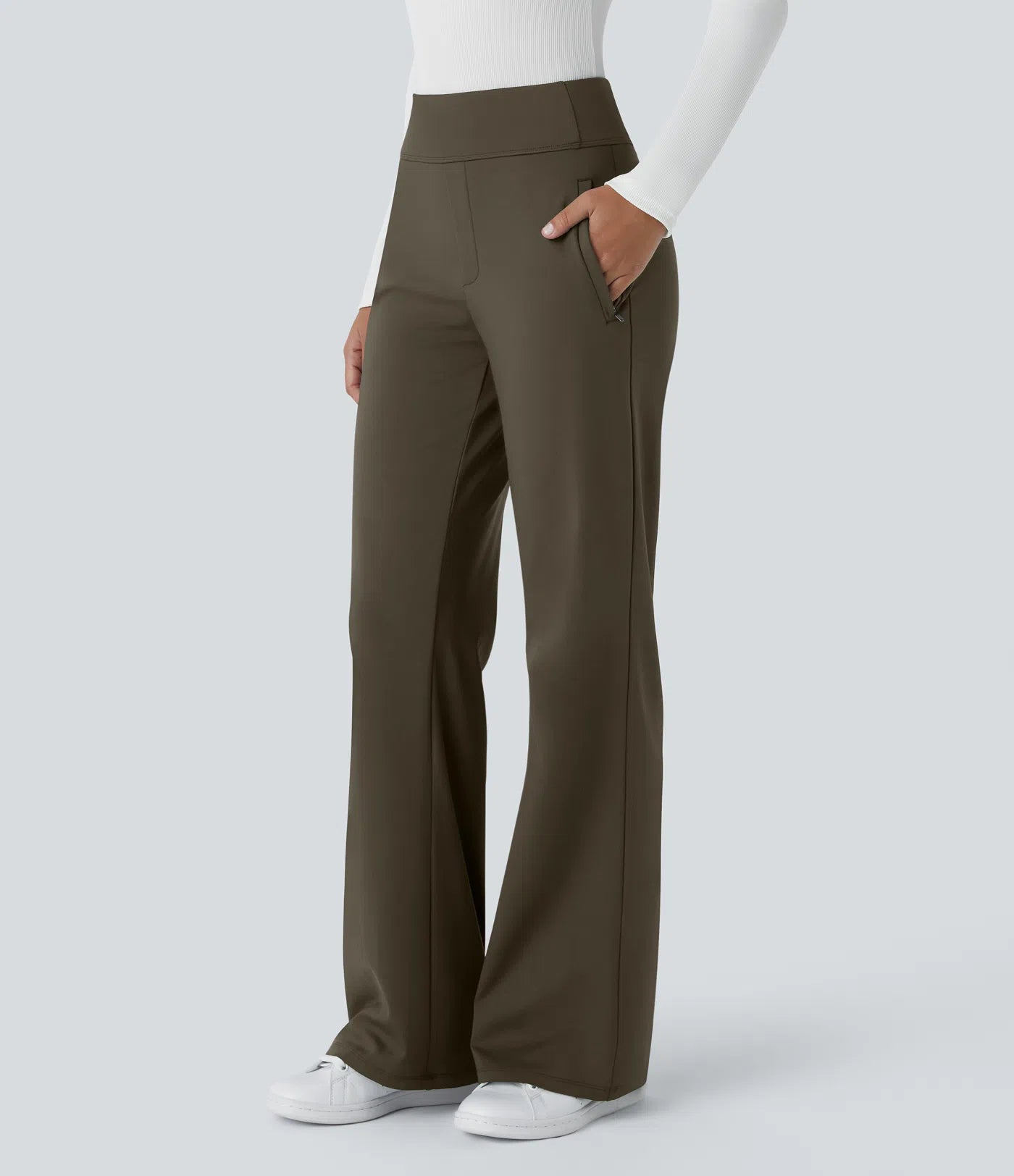 Pantalon de travail évasé pour femme, taille mi-haute, avec poche latérale à fermeture éclair