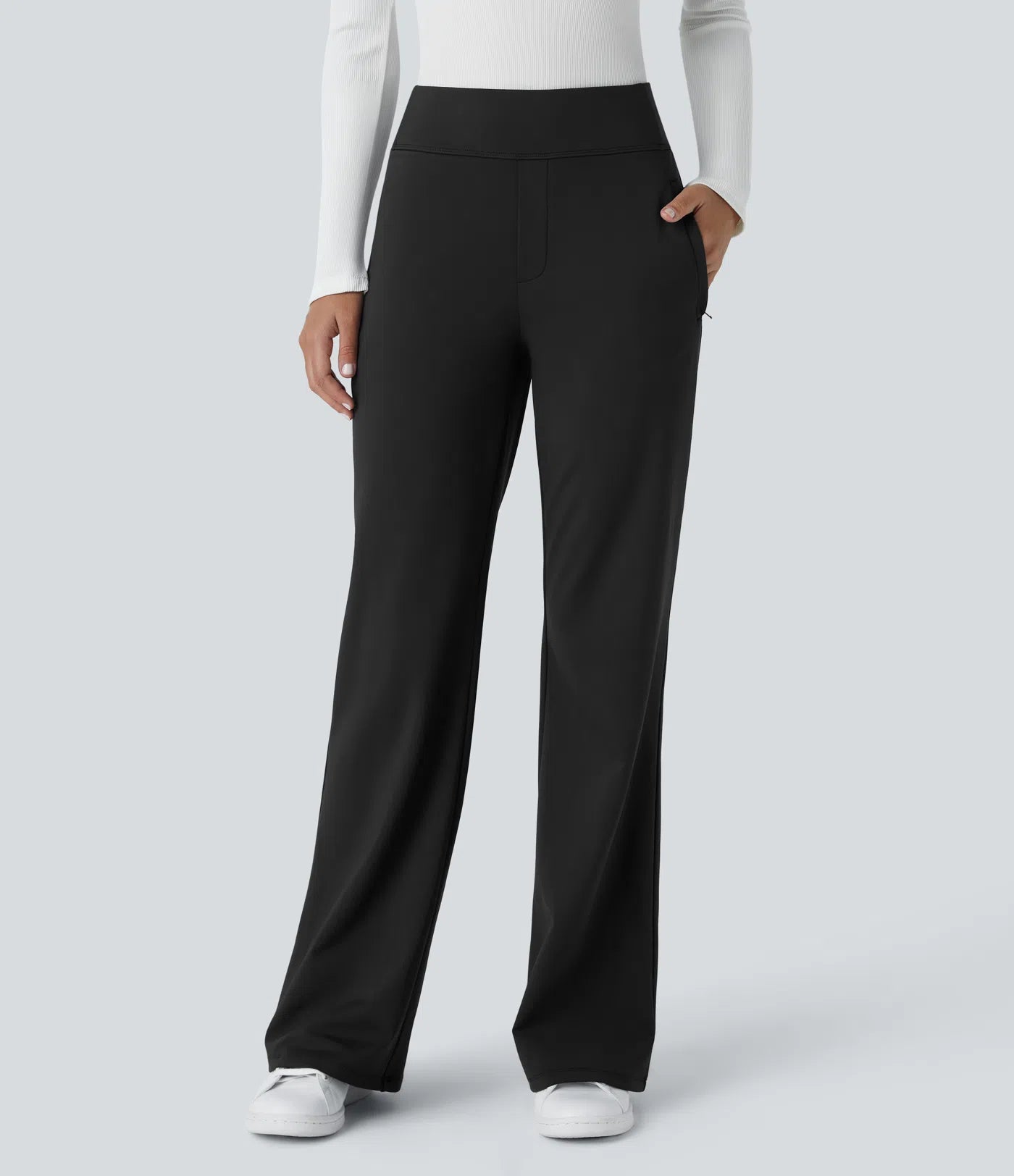 Pantalon de travail évasé pour femme, taille mi-haute, avec poche latérale à fermeture éclair
