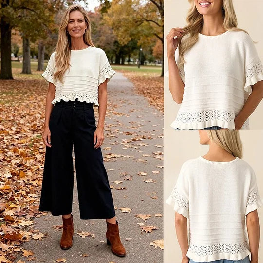 Pull d'été à manches courtes et volants pour femme, en tricot ou crochet, coupe courte