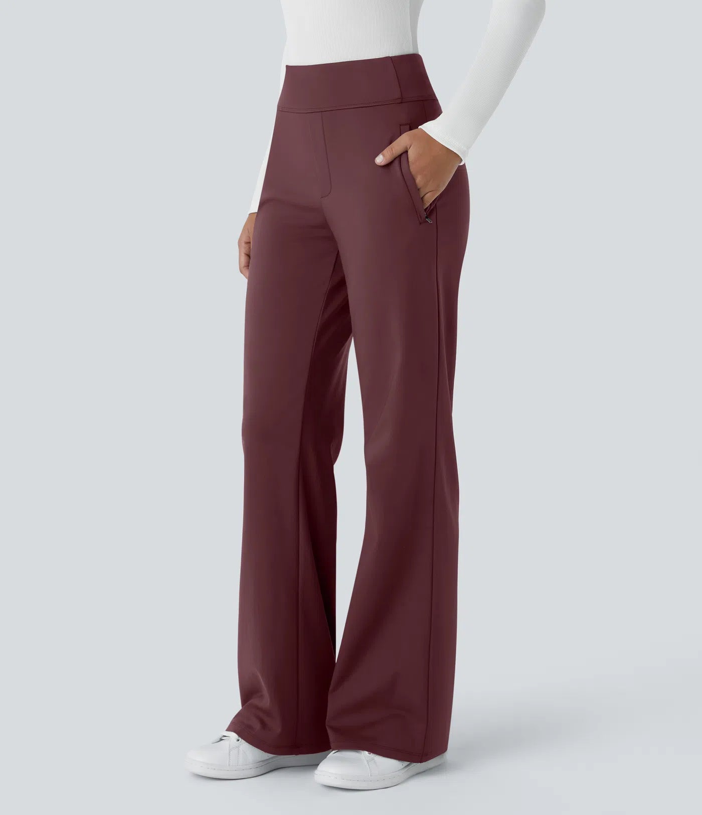 Pantalon de travail évasé pour femme, taille mi-haute, avec poche latérale à fermeture éclair