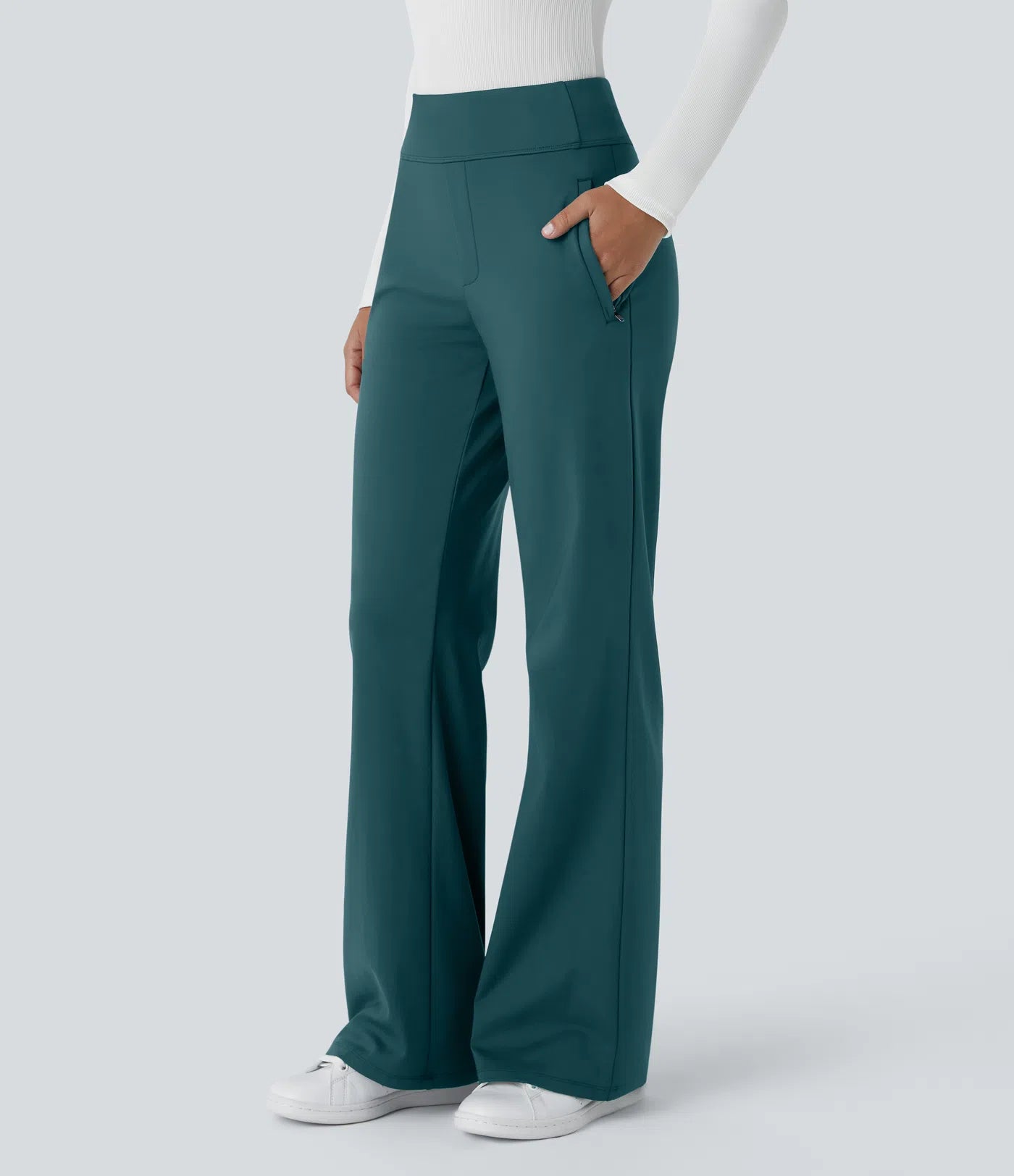 Pantalon de travail évasé pour femme, taille mi-haute, avec poche latérale à fermeture éclair