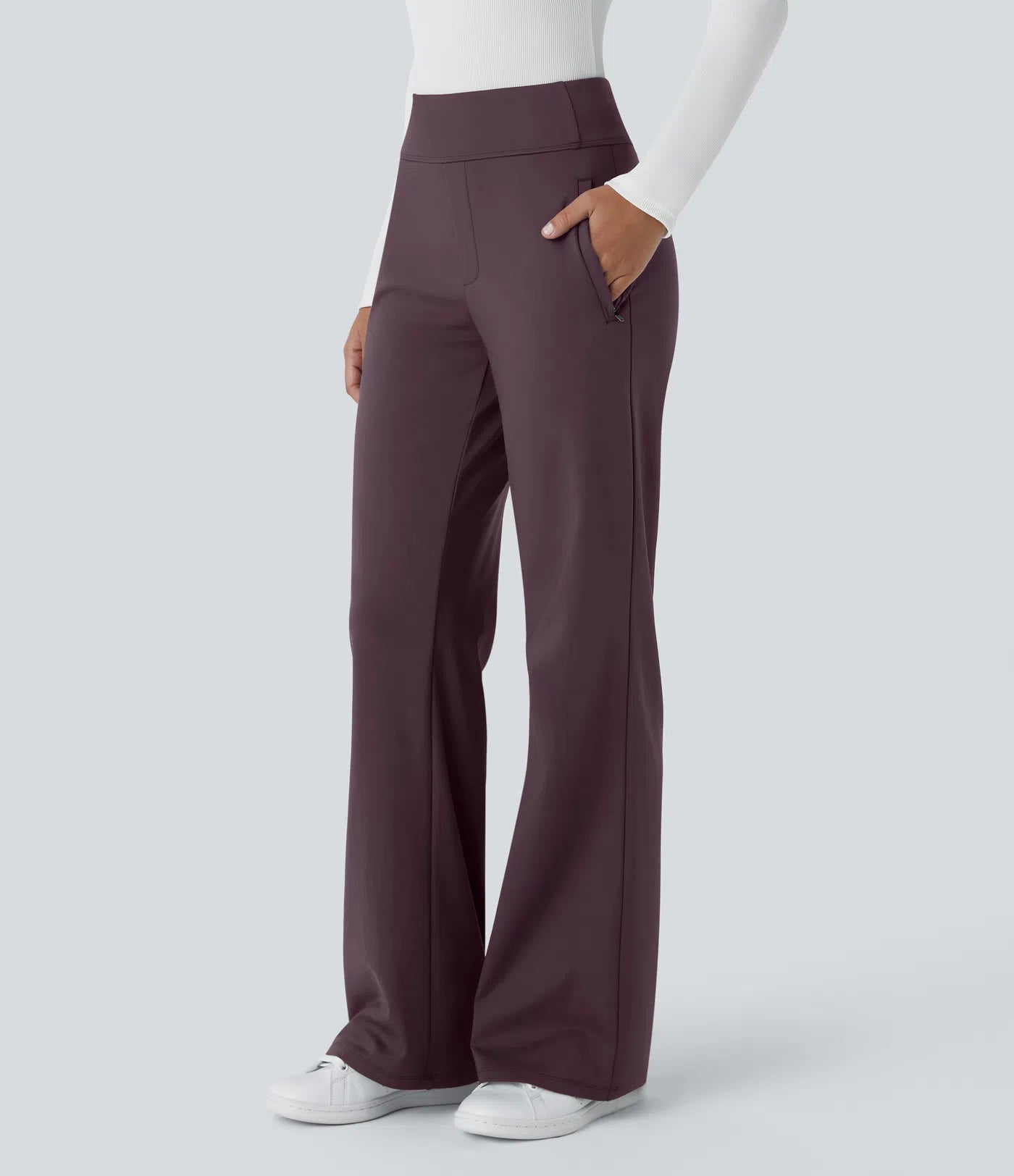 Pantalon de travail évasé pour femme, taille mi-haute, avec poche latérale à fermeture éclair