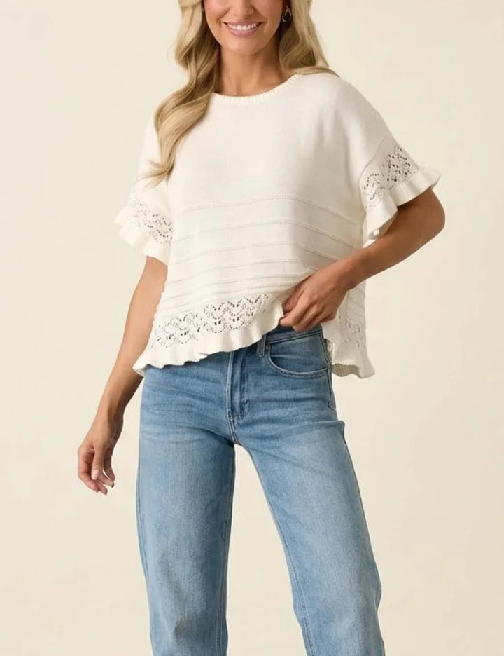 Pull d'été à manches courtes et volants pour femme, en tricot ou crochet, coupe courte
