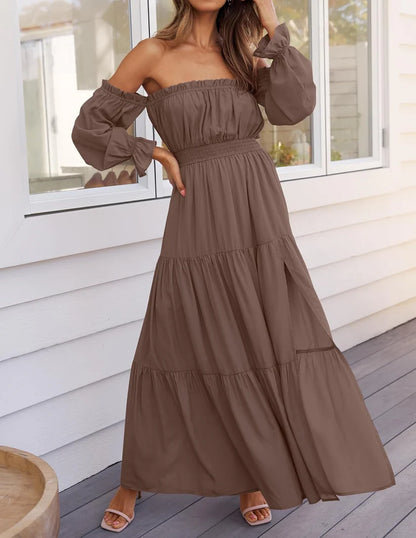 Robe longue à volants et épaules dénudées, style bohème sexy, pour femme