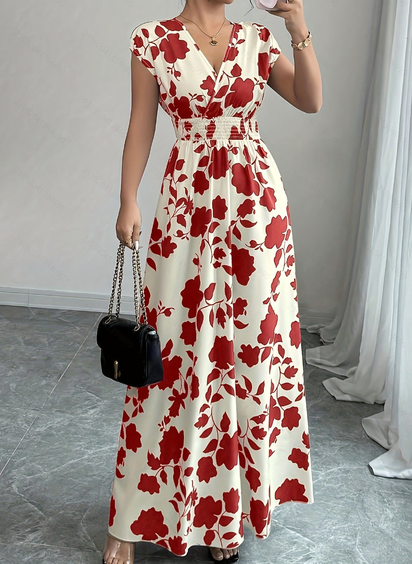 Sommerkleid für Damen mit Blumenmuster und V-Ausschnitt