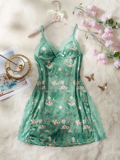 Chemise de nuit pour femme à nœud en dentelle et fente sur la cuisse